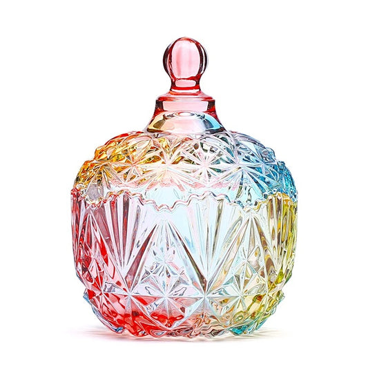 Iridescent Embossed Glass Storage Jar with Lid, Small